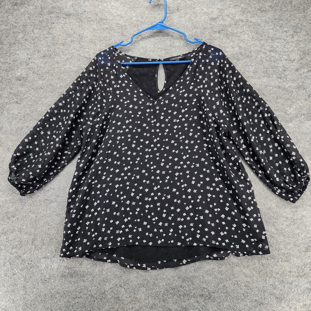 Papermoon Shirt Womens Large 3/4 Sleeve Black Floral V Neck